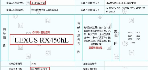 雷克萨斯新注册RX450hL商标 未来或将进口？.png